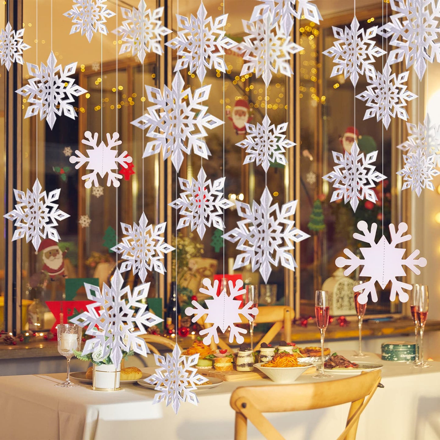 12PCS Winter Christmas Hanging Decorations - 3D White Paper Snowflake Garland with Snowflake Banner for Christmas Holiday Winter Wonderland Frozen Party Decorations