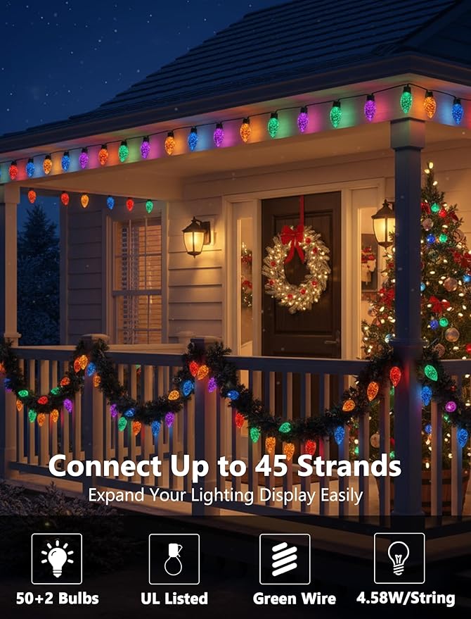 50 Count C9 Christmas Lights Outdoor, 26FT Diamond-Cut Multicolor LED String Lights, Connectable Green Wire Vintage Christmas Lights for House, Roofline, Trees, Garden & Christmas Outdoor Decorations