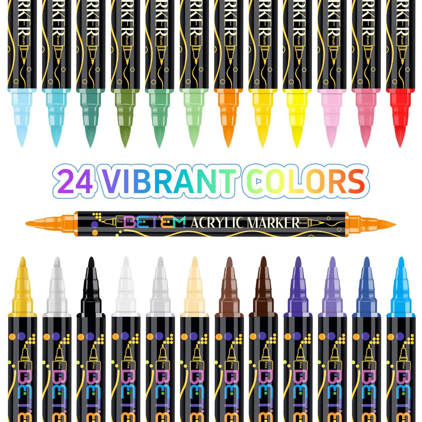 Betem Acrylic Paint Markers, Dual Tip 24 Colors Acrylic Paint Pens with Brush Tip and Fine Point, Art Supplies for Rock, Wood, Canvas, Stone, Glass, Ceramic, Rock Painting DIY Crafts Making Drawing