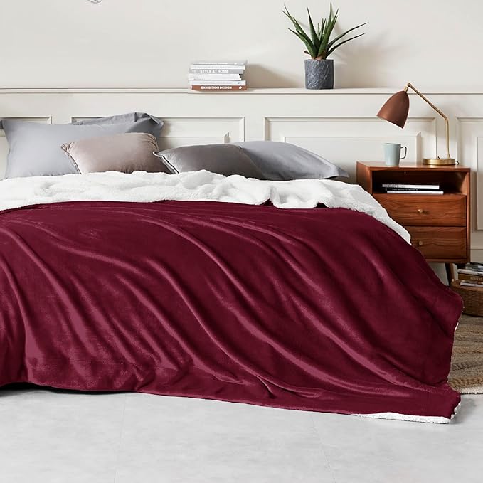 Bedsure GentleSoft Sherpa Fleece Blankets King Size for Bed - Thick and Warm Throw for Women, Soft Fuzzy Plush King Christmas Blanket for Winter, Burgundy, 108x90 Inches