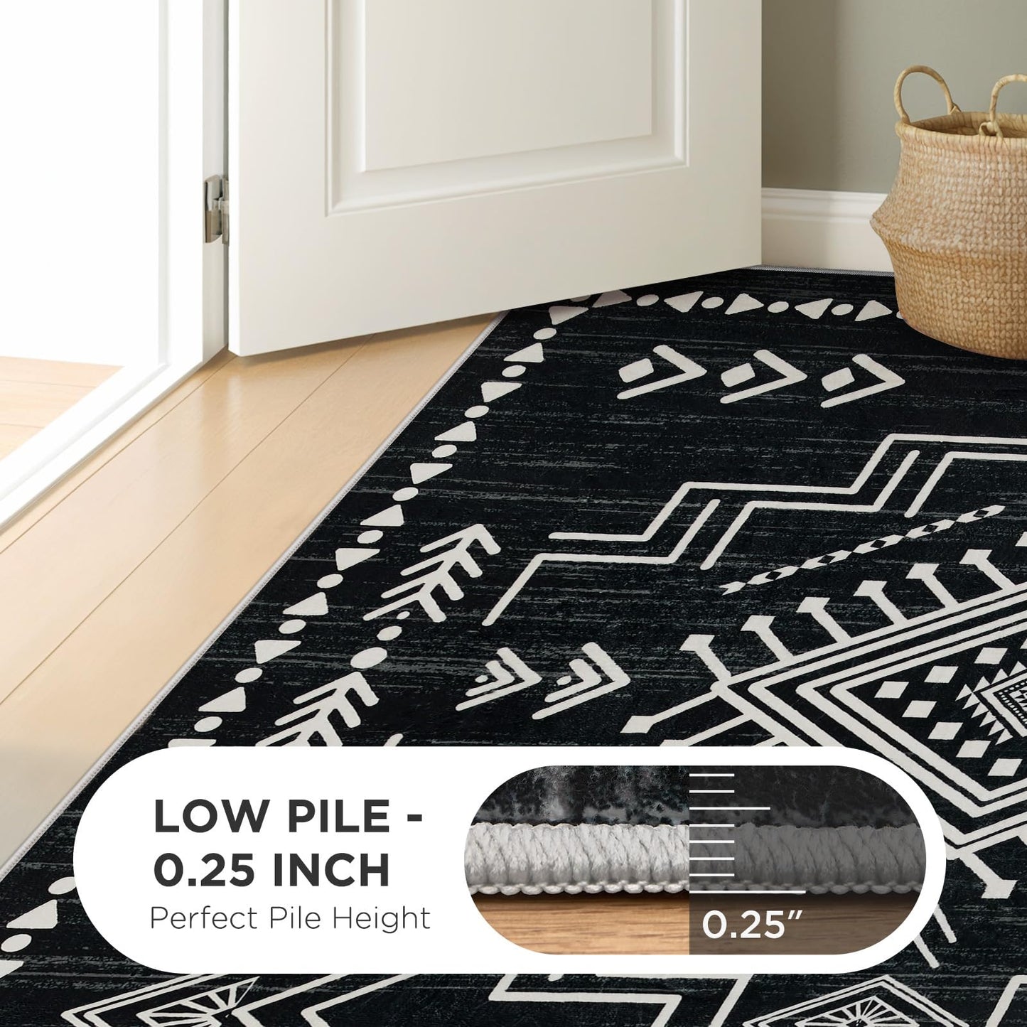 Joydeco Moroccan Black 8x10 Area Rugs for Living Room, Non-Slip Western Large Bedroom Dining Room Rug, Throw Stain Resistant Geometric Aztec Print Modern Soft Carpet for Playroom Office