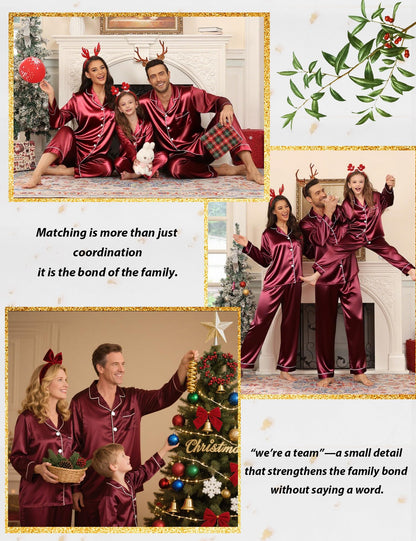 SWOMOG Family Matching Pajamas Set Silk Satin Button Down Sleepwear Long Sleeve Nightwear 2 Pcs Pj Set Men Wine Red Large