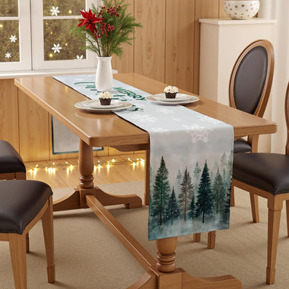 VIV CHERBL Christmas Table Runner with Snowy Forests, Merry Christmas Text & Snowflakes, Table Decoration for Dining Party and Home Decor,72x13 inches