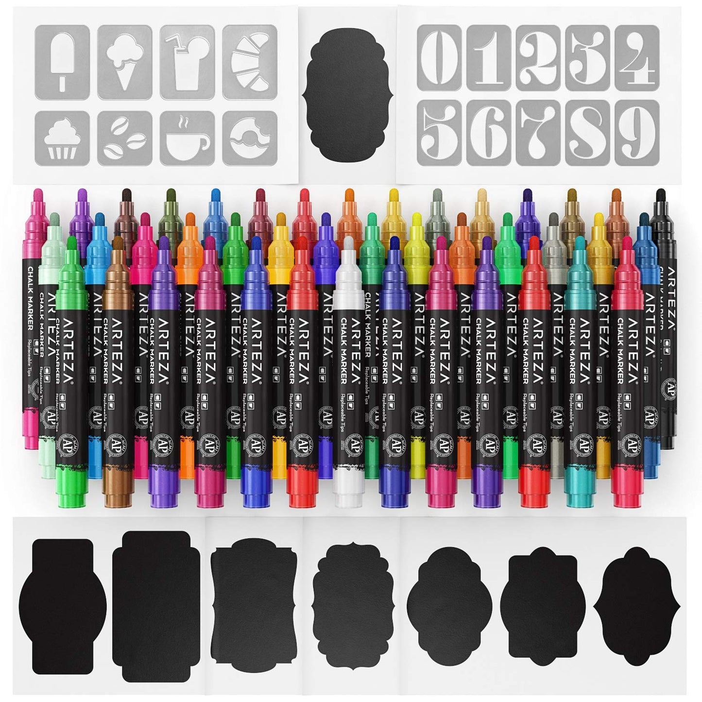 ARTEZA Liquid Chalk Pens, 42 Unique Colours, Includes 50 Chalkboard Labels and Replaceable Tips, Water-Soluble Chalk Pens for Blackboards and Windows