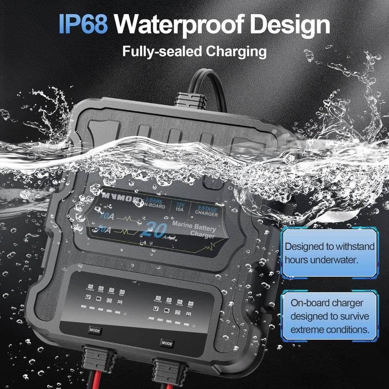 MVMOD 2 Bank Marine Battery Charger, 20A (10A/Bank) 12V IP68 Waterproof Lithium Onboard Battery Charger for SLA/AGM, Lithium(LiFePO4), Calcium Batteries