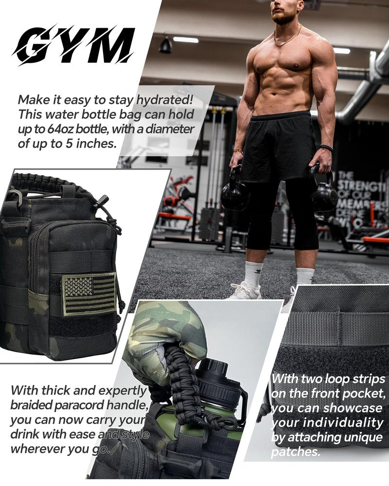 DEFUNX 64 Oz Water Bottle Sleeve - Water Jug Holder with Strap Cross-Body Bottle Carrier with MOLLE System Tactical Military Style Bag Camo Black