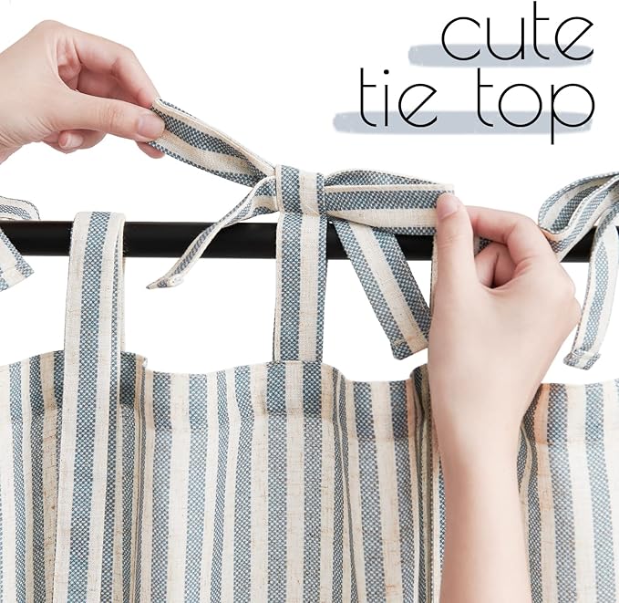 jinchan Tie Top Linen Kitchen Curtains 24 Inches Striped Tier Curtains Farmhouse Modern Cafe Style Small Window Treatments Airy Light Filtering Rod Pocket for Living Room Bathroom 2 Panels Blue