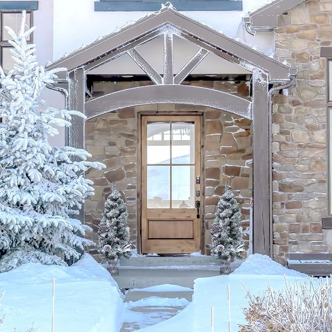 Fraser Hill Farm 4-Ft. Christmas Snow Flocked Porch Trees with Oversized Pinecones, Set of 2
