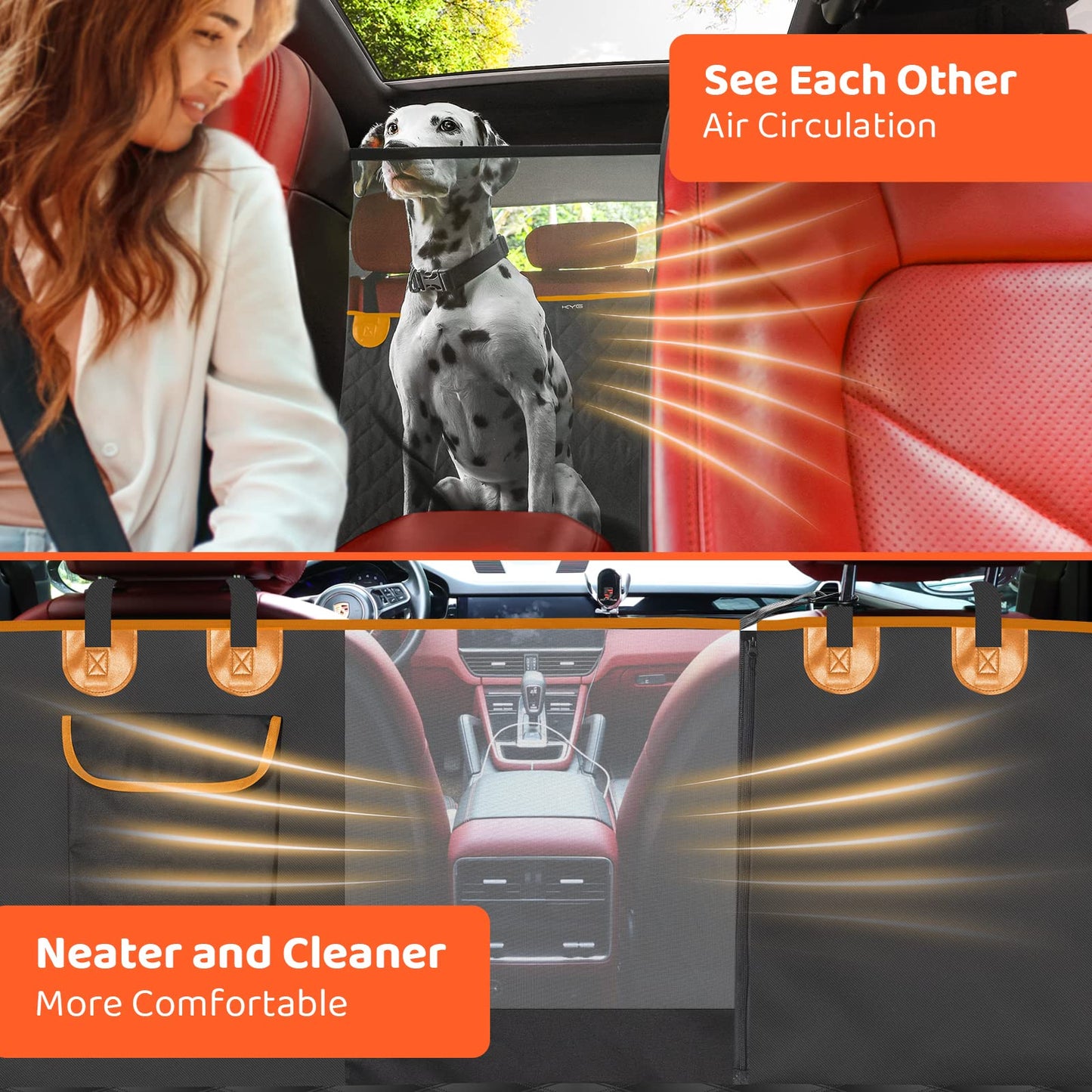 KYG Dog Hammock for Car Back Seats with Side Protection and Mesh Visual Window, Durable Scratch Proof and Waterproof Pet Seat Cover for Cars/Trucks/SUV, 135 x 148 cm, Black&Orange