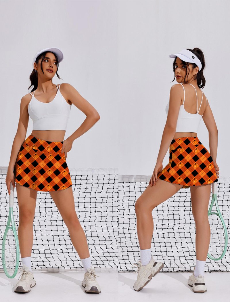 PINSPARK Skorts High Waisted Tennis Skirts with Shorts Women Pleated Mini Skirts American Flags Skirts,Orange Print Large