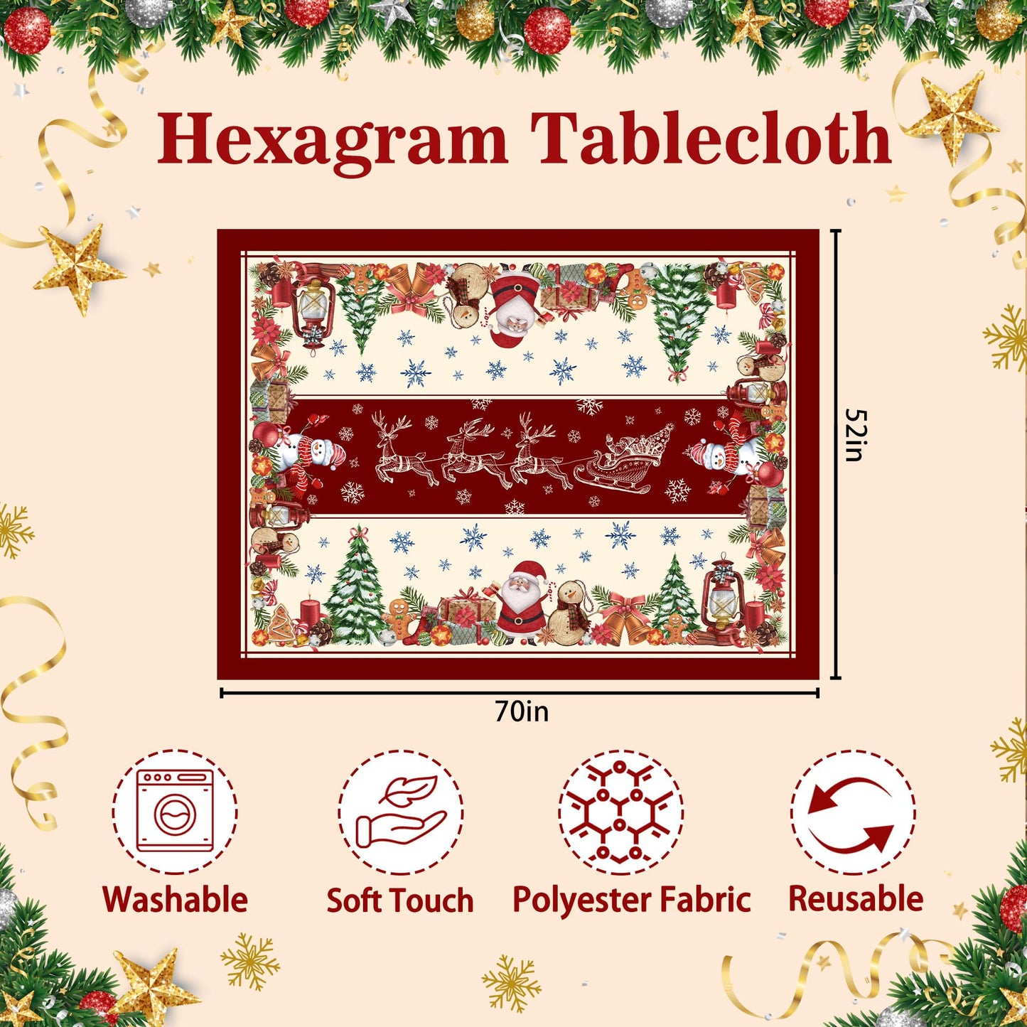 Hexagram Christmas Tablecloths 52 x 70 Inch, Christmas Table Cloth, Oblong Snowman Tablecloth Winter Xmas Santa Tablecloths for Kitchen Dining Decor