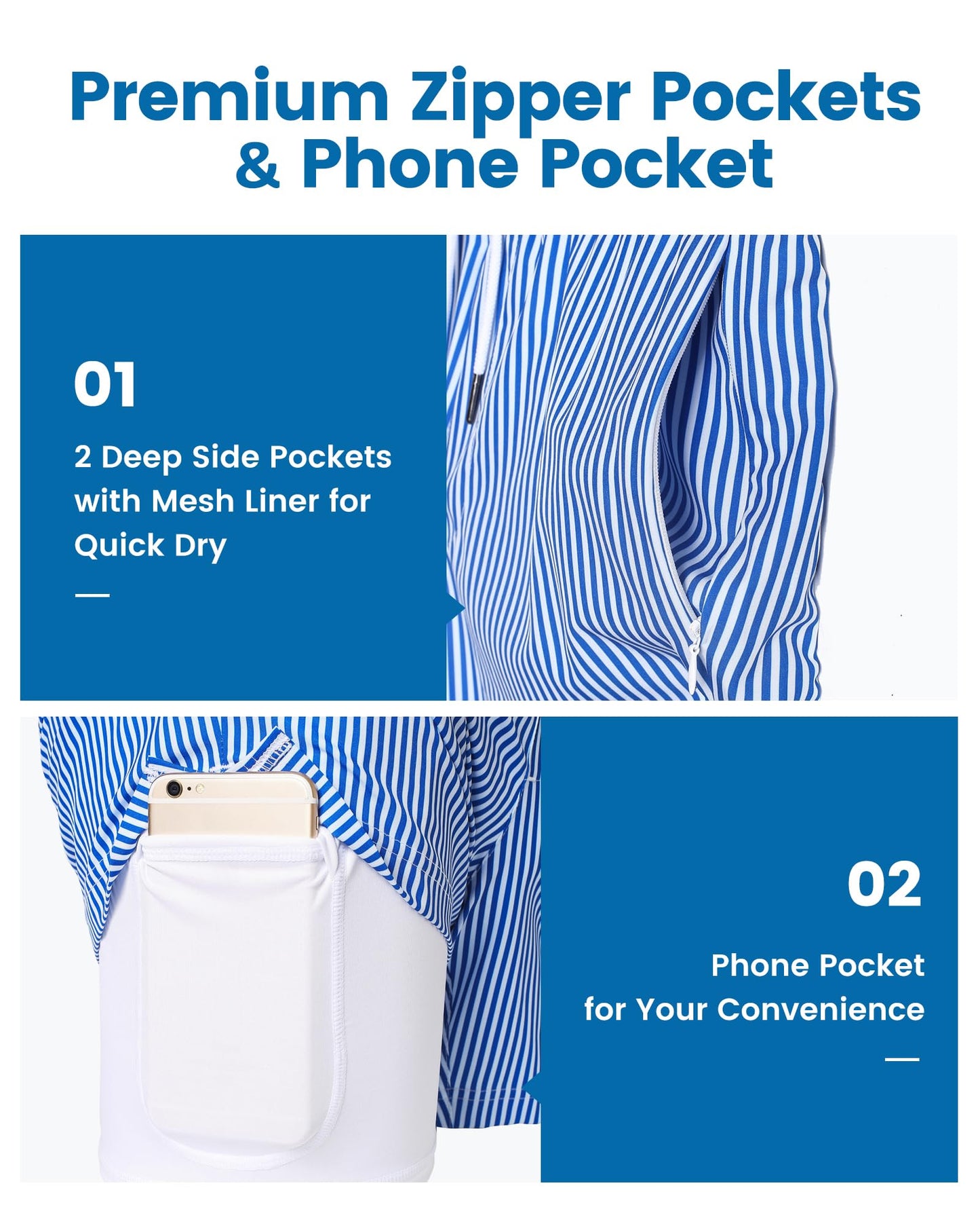 maamgic Mens Swim Trunks with Compression Liner 5 Inch, Quick Dry Bathing Suit with Zipper Pockets, Stretch No-Chafing Swim Shorts, Blue White Stripe Medium