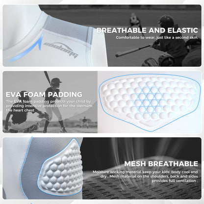 COOLOMG Youth Baseball Padded Shirt Kids Chest Protector Rib Heart Guard Sternum Protection for Football Softball Lacrosse Rugby White M