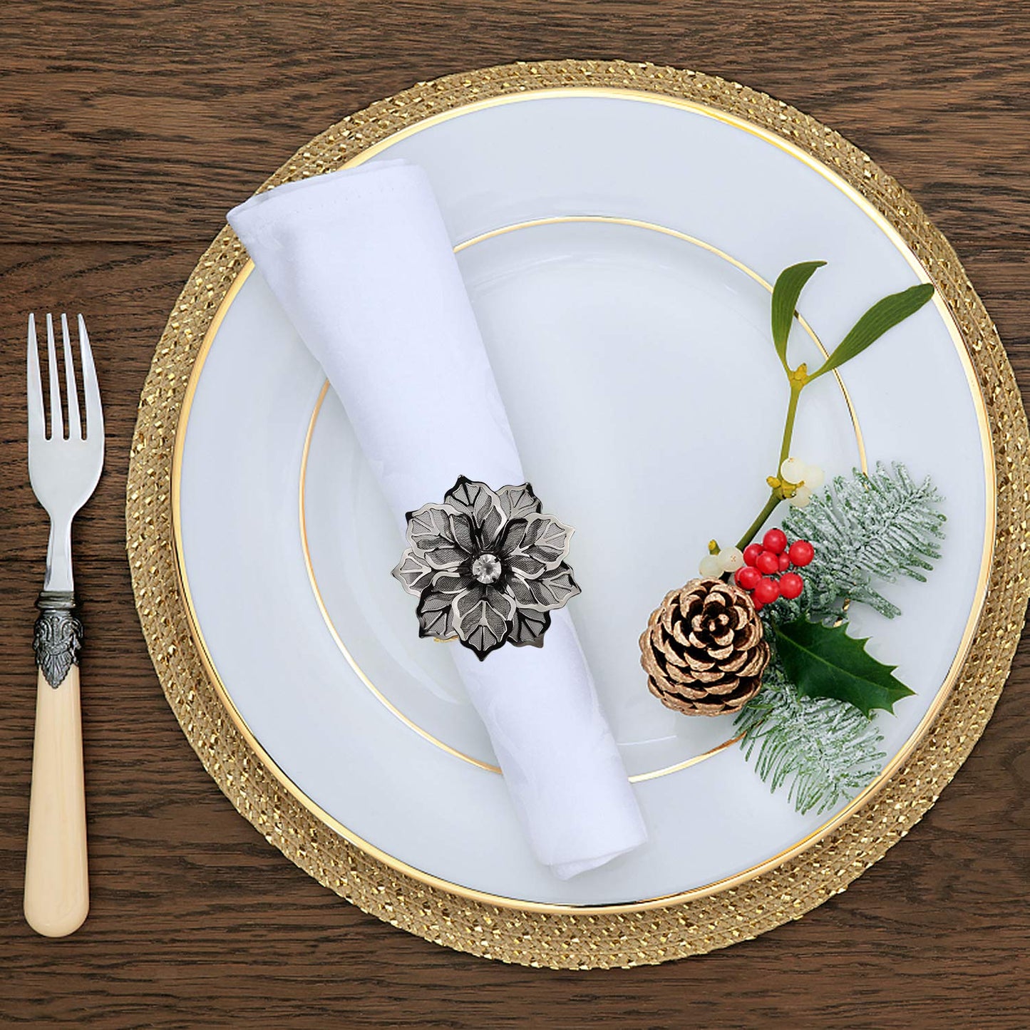 Picowe Set of 12 Alloy Napkin Rings with Hollow Out Flower Napkin Ring Holders for Wedding Party Holiday Banquet Christmas Dinner Delicate Serviette Buckles Decor Favor (Gun Metal)