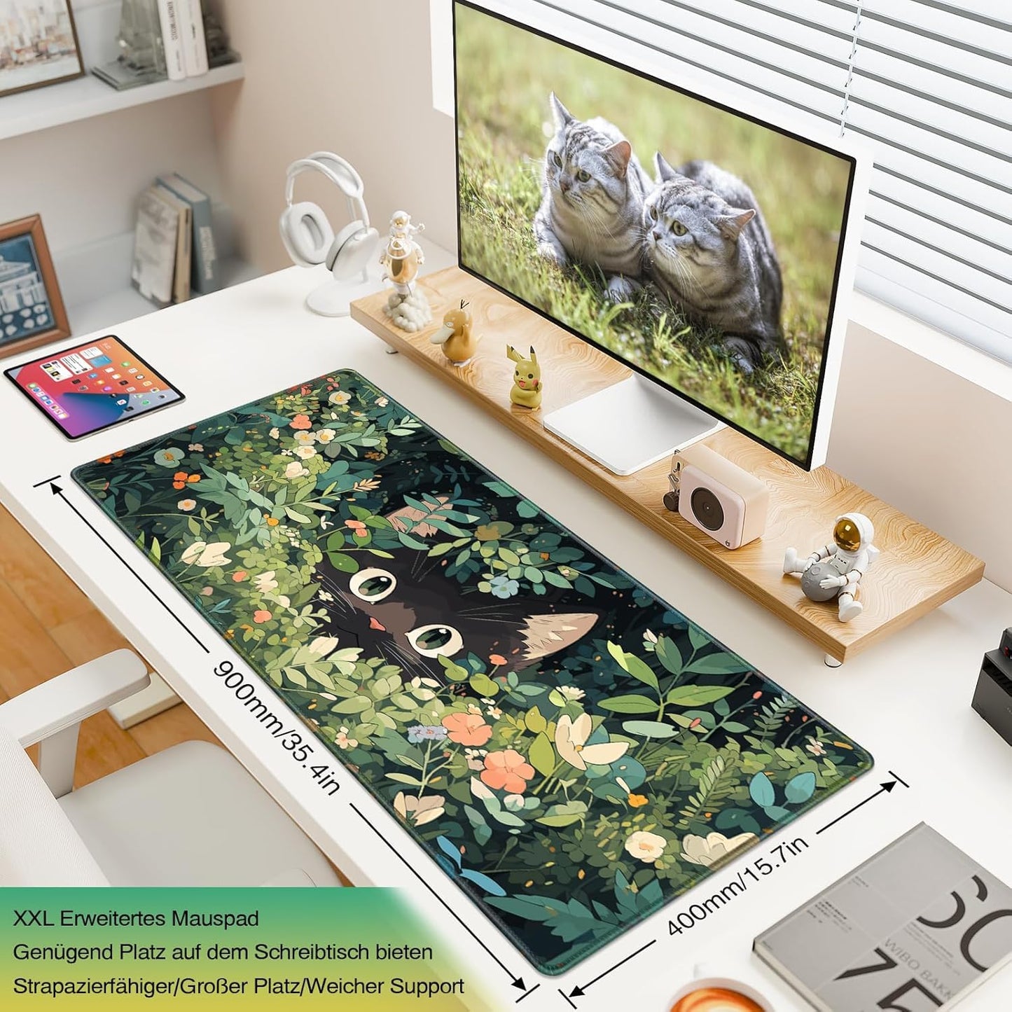 Acezeek Gaming Mouse Pad XXL, 900X400mm Mouse Mat Large Desk Pad Mousepad with Stitched Edges & Anti-Slip Base Mousemat for Gaming,Office,Home(Green&Cat)