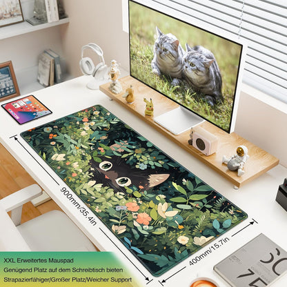 Acezeek Gaming Mouse Pad XXL, 900X400mm Mouse Mat Large Desk Pad Mousepad with Stitched Edges & Anti-Slip Base Mousemat for Gaming,Office,Home(Green&Cat)