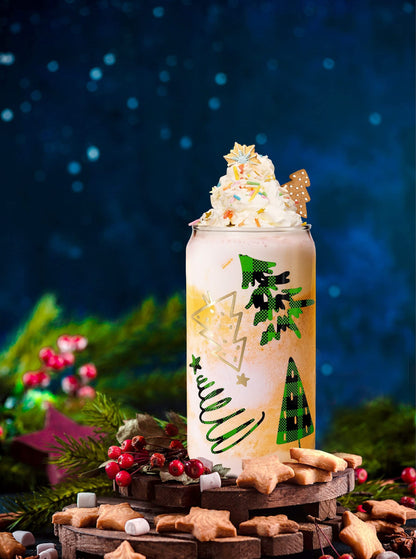 Christmas Cups, 18oz Christmas Iced Coffee Glass Cups with Lids and Straws White Elephant Gifts for Adults Colorful Xmas Tree Elk Tumbler Drinking Glasses Christmas Teacher Gifts for Women Men