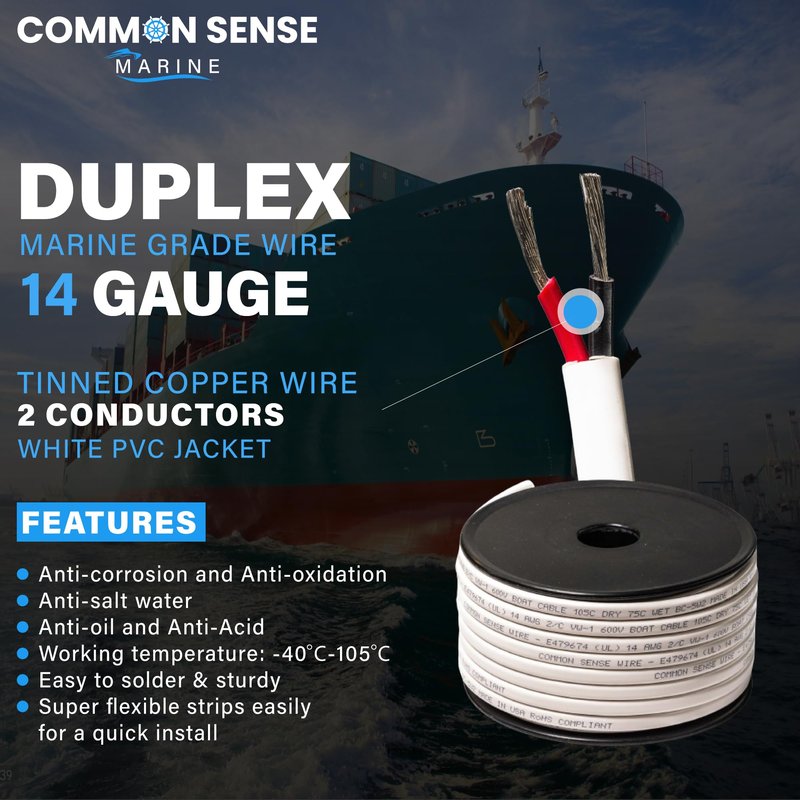 14 Gauge 2 Conductor Marine Wire - 200 ft Duplex Flat Marine Grade Wire Tinned Copper Oxygen-Free Insulated - 14/2 AWG UL 1426 Standard PVC Wire for Boat, Automotive, Speakers, Camper & Trailers