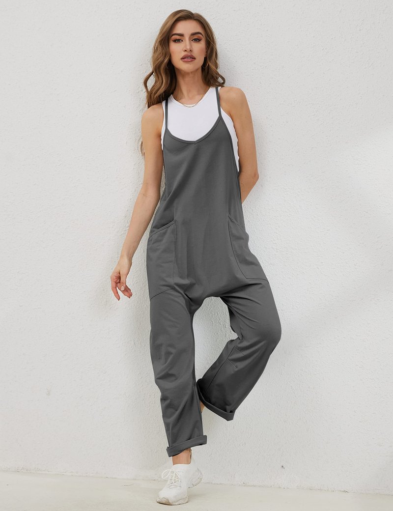 Lentta Women's Causal Jumpsuits V Neck Sleeveless Harem Overalls Stretchy Adjustable Strap Romper with Pockets(DarkGrey-L)