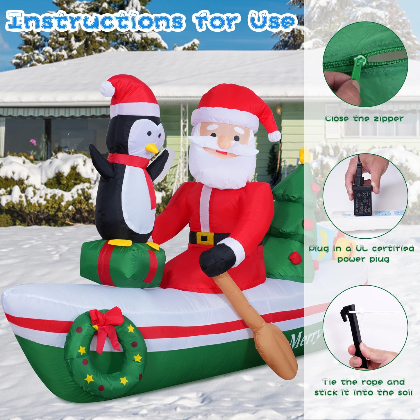 Double Couple 7FT Christmas Inflatable Santa Rowing Boat with Penguin/Christmas Tree/Gifts/Garlands Xmas Blow Up with Build-in LEDs Lights for Outside Indoor Party Garden Lawn