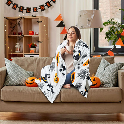 Halloween Throw Blanket - Cute Halloween Blanket & Fall Throw Blanket 50x60 Inch - Soft Flannel Cozy Blanket with Pumpkin, Spider Web, Witch Hat Design for Christmas, Thanksgiving