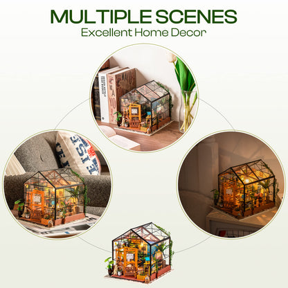 ROBOTIME DIY Miniature House Kit Mini Green House Tiny Dollhouse Wooden Furniture Kit with LED Halloween/Christmas/Birthday Gifts for Adults (Cathy's Greenhouse)