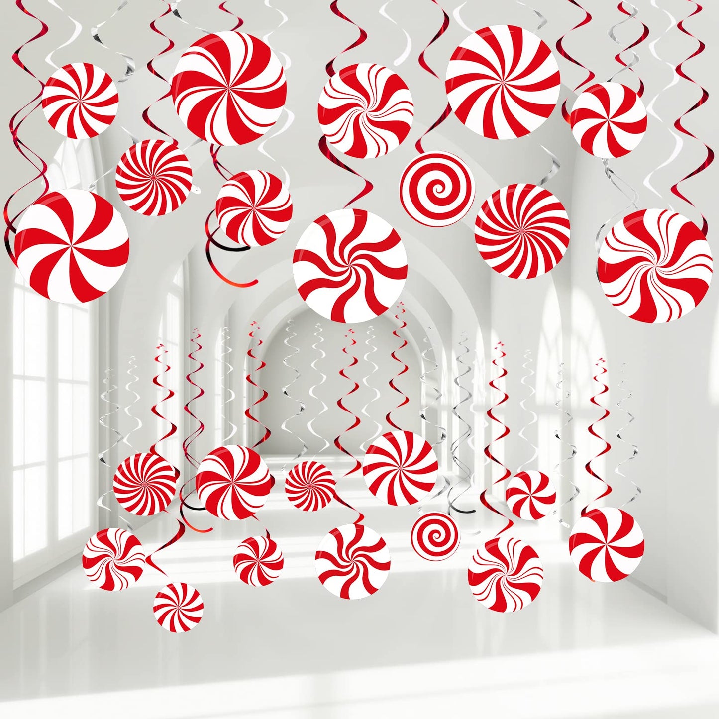 Funrous 54 Pcs Christmas Peppermint Candy Hanging Decorations Christmas Candies Ceiling Hanging Swirls Xmas Party Ceiling Whirl Streamers for Xmas Holiday Party Decor(Red White)