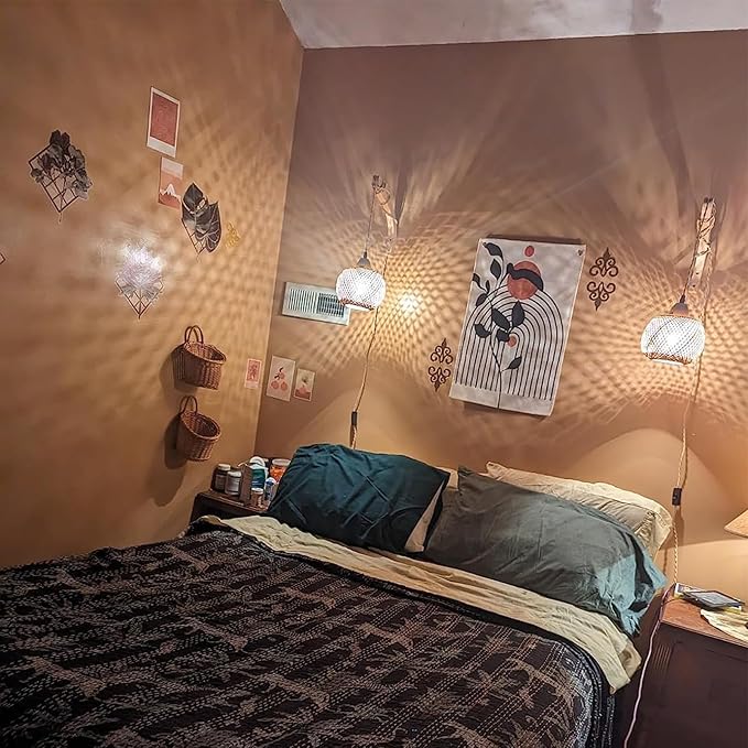 Frideko Bamboo Wall Sconces Set of Two Plug in, Boho Wall Lamp with Plug in Cord, Farmhouse Light Fixtures with 9.84FT On/Off Switch Cord, Rattan Sconces Lighting for Bedroom Living Room