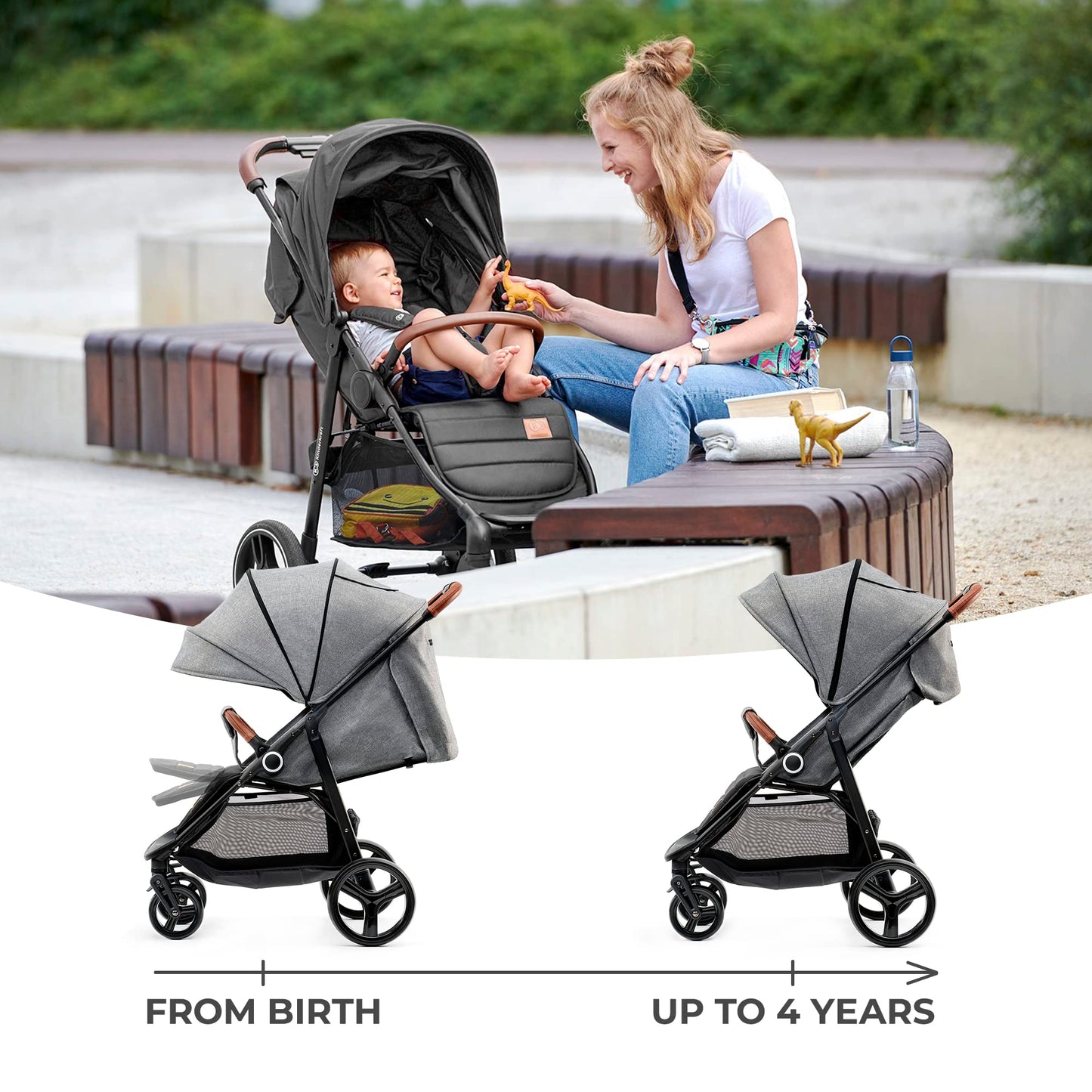 Kinderkraft GRANDE PLUS Stroller pushchair for toddlers from Birth to 22 kg, Extra-large hood, Lie-flat position, Folding with one hand, Shock absorption on all wheels, Gray