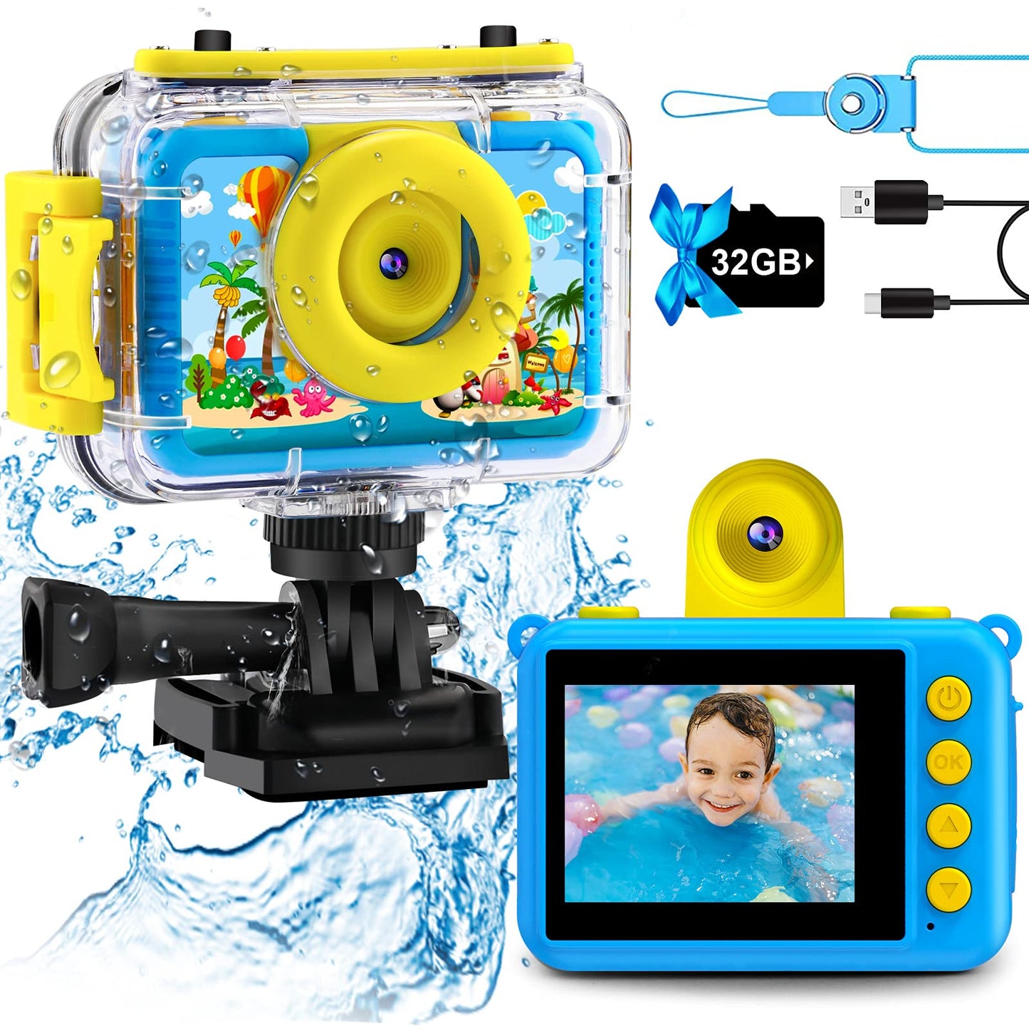 GKTZ Kids Camera - Waterproof Underwater Camera for Kids, Christmas Birthday Gifts for Boys Age 3-12, 1080P HD Children Digital Action Camera, Pool Toys for Kids Age 4-12