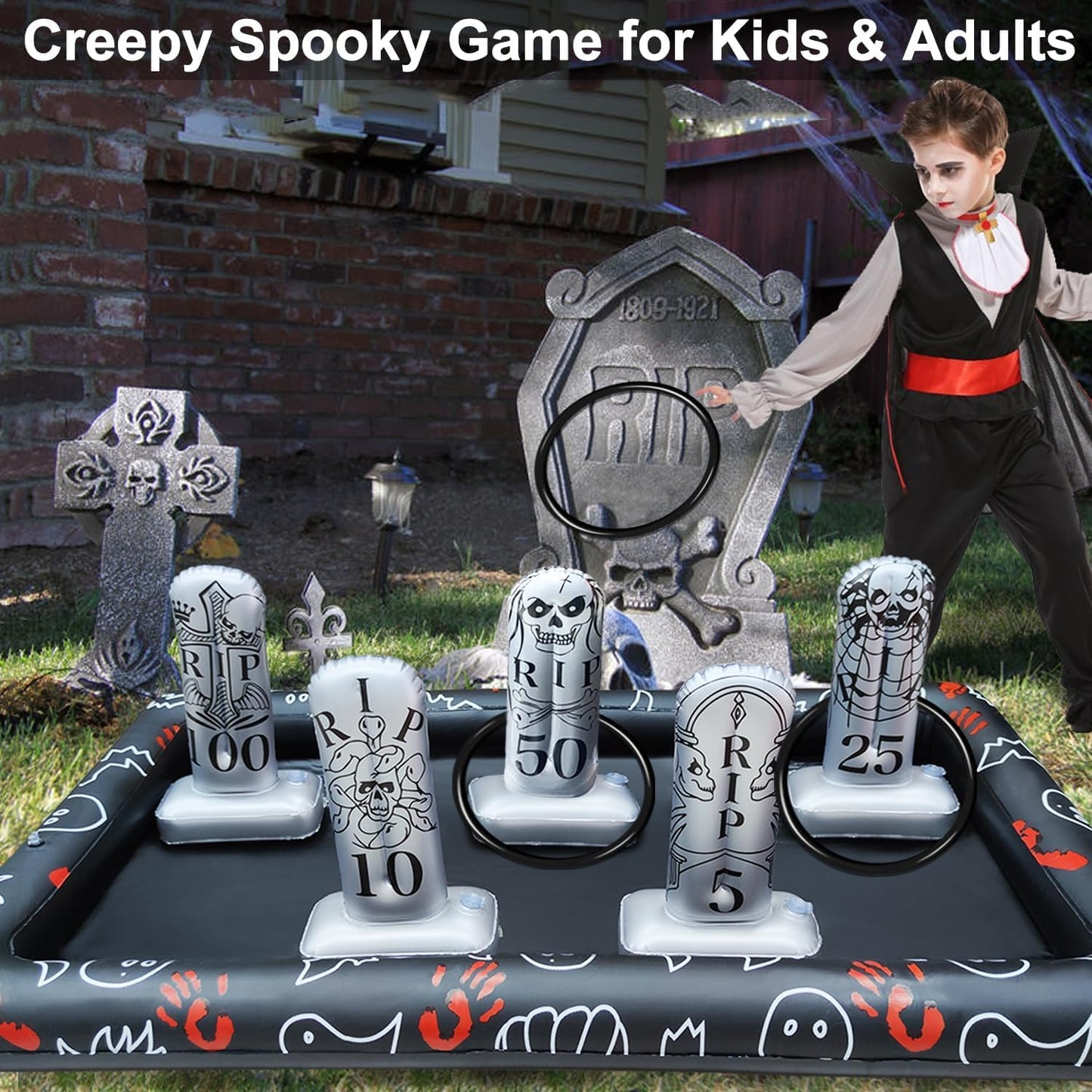 Upgraded Stability & Plastic Ring Giant Tombstone Ring Toss Games Halloween Party Game Favors for Kids Inflatable Game Halloween Party Decor Outdoor Carnival Game Classroom Indoor School Yard