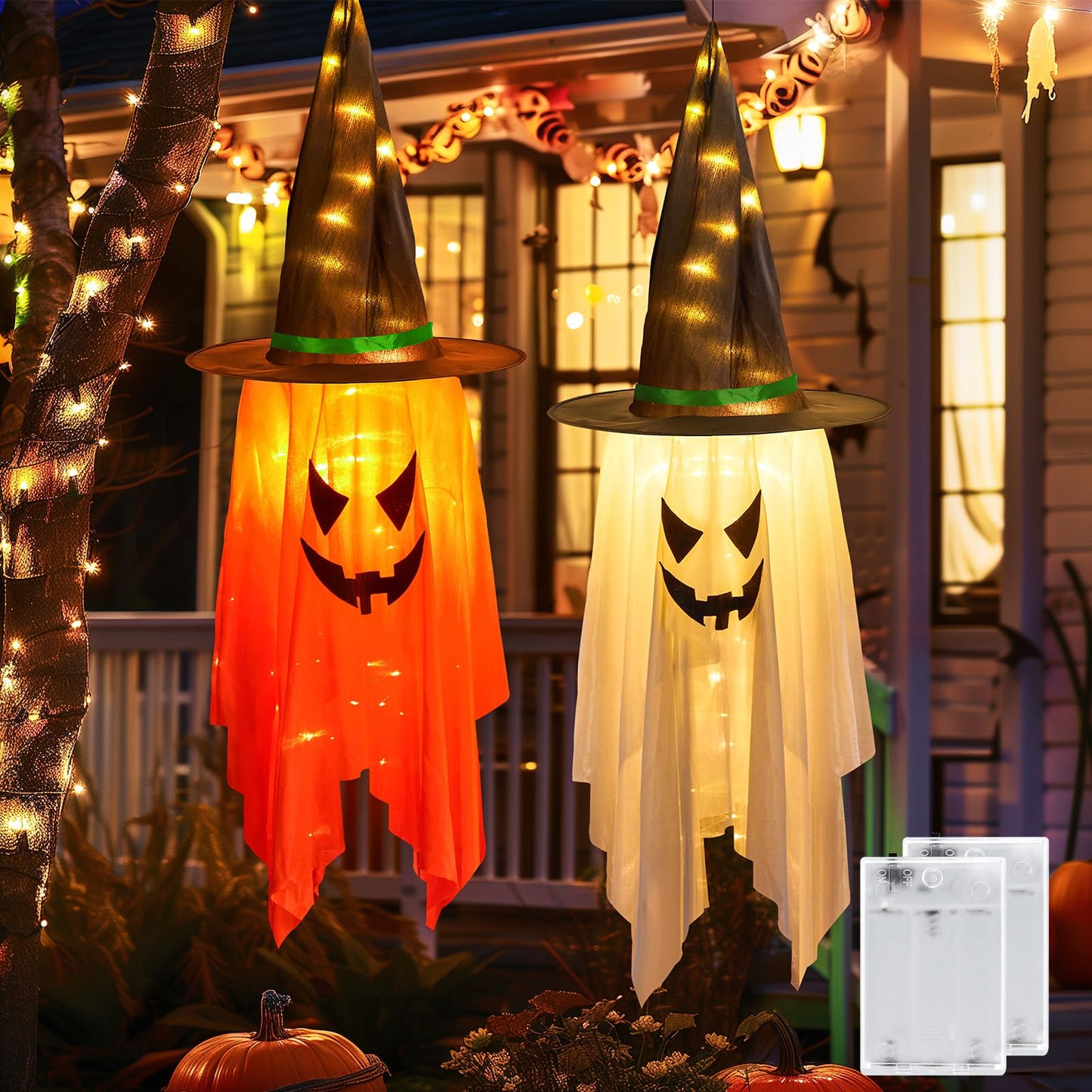 Minetom Halloween Lights Battery Operated, 2PC Large Hanging Witch Hats Lights, Total 40 LED Light up Witch Hat, Glowing Ghost Witch Hat Lights, Halloween Outdoor Decoration for Tree Indoor,Warm White