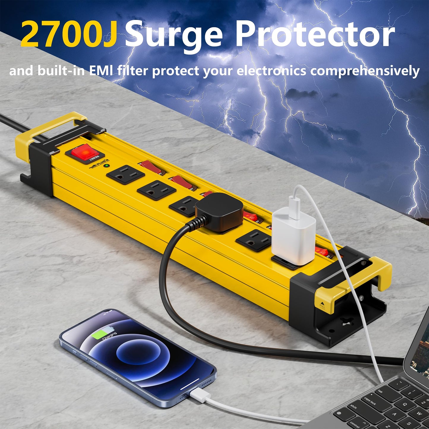 Power Strip Surge Protector 2700J with Individual Switches and Flat Plug, 3FT Heavy Duty Cord 6 Wide Spaced Outlet Mountable Metal Power Strips with Cord Manager and Hanger