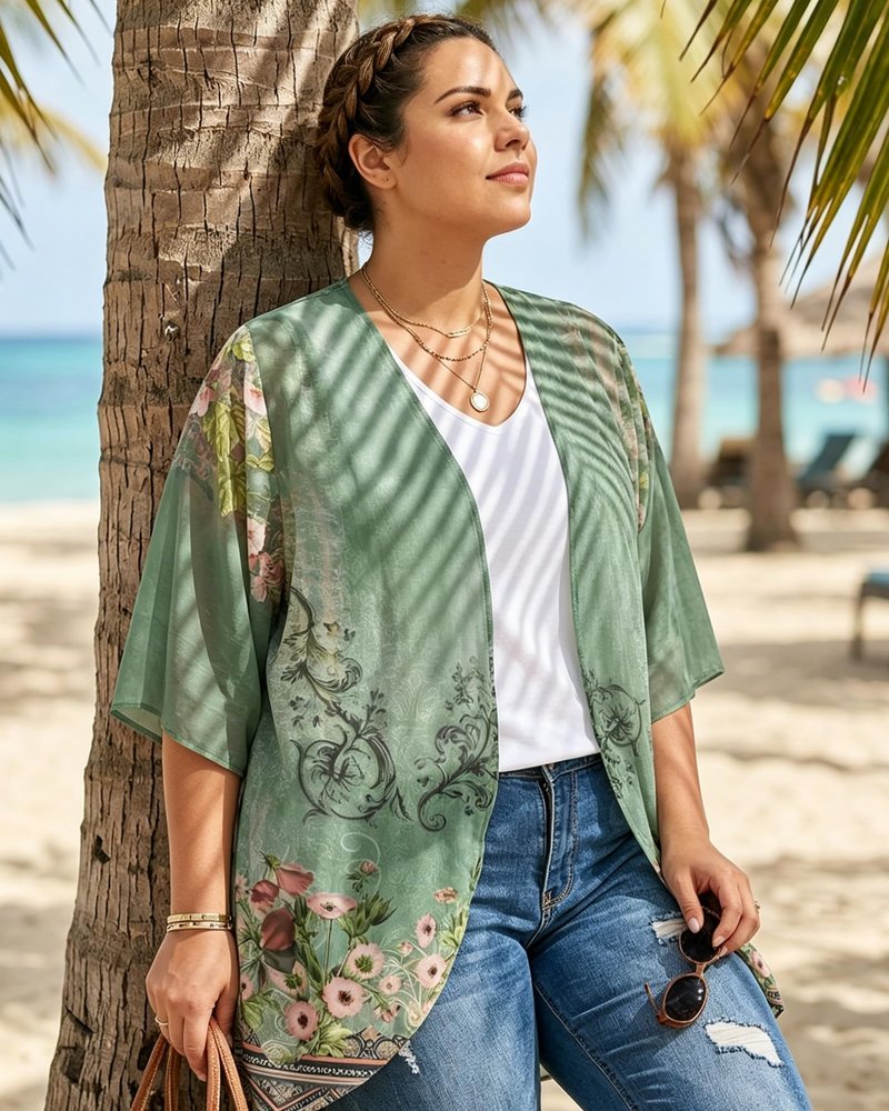 Women's Floral Print Puff Sleeve Kimono Cardigan Loose Cover Up Casual Blouse Tops(Army Green Floral,3XL)