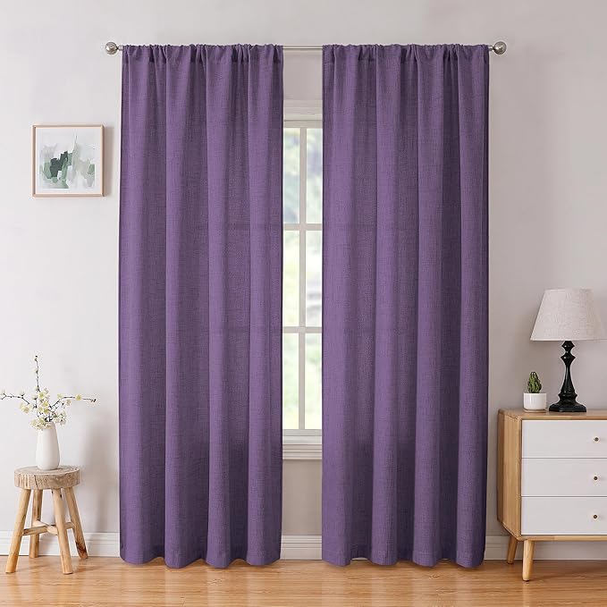 Tollpiz Linen Curtain Living Room Rod Pocket Semi Sheer Curtains Burlap Light Filtering Thick Linen Drape for Bedroom, 54 x 72 inches Long, Royal Purple, Set of 2 Panels