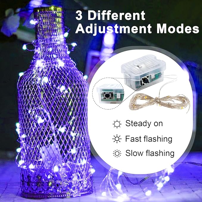 pozzolanas 100 Pack Purple Fairy Lights Battery Operated 3 Modes 7FT 20 LED Waterproof String Lights Twinkle Silver Wire for Mason Jars Wedding Christmas Halloween Party Decor (100, Purple)
