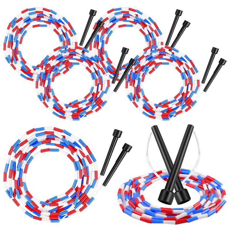 Zubebe 6 Pcs 16-foot Double Dutch Jump Ropes Bulk Segmented Skipping Colorful Beaded Ropes for Kids Adults Fitness Physical Education Gym Class School Sports Outdoor Activities, Red White and Blue