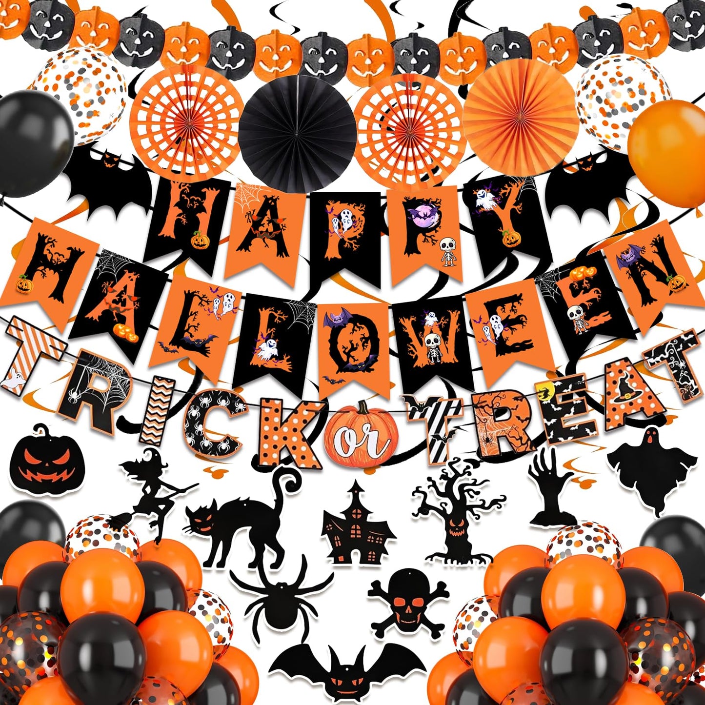 Happy Halloween Trick or Treat Banner Paper Fan Balloons & Swirl Streamers Goul Bat Cat Bird Ghost Pumpkin Lantern for Party Decorations