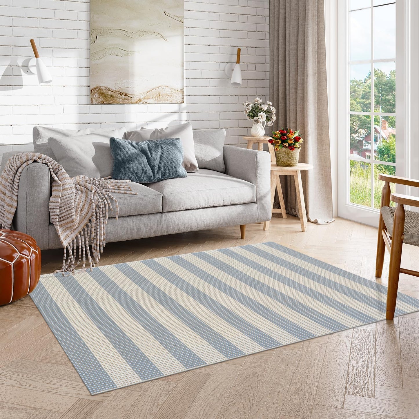OJIA Washable Area Rugs 4'x6', Striped Outdoor Rug Cotton Woven Entryway Rugs Indoor Patio Rugs Carpet Large Area Rugs for Bedroom/Porch/Deck/Backyard/Camping/Living Room (Blue/White/Tan)