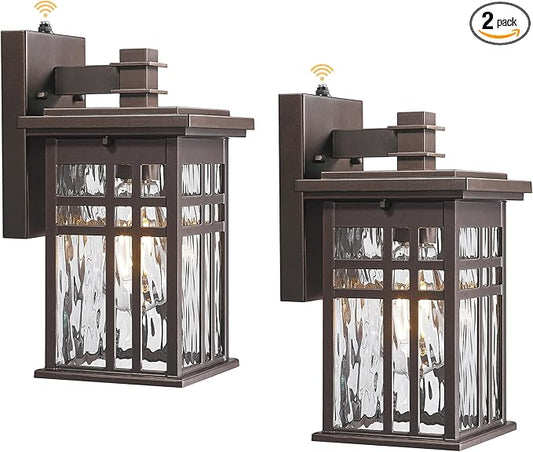 Outdoor Wall Sconce 2-Pack, HWH Dusk to Dawn Exterior Wall Light Fixtures, Farmhouse Outside Lights for House Oil-Rubbed-Bronze with Water Ripple Glass, 5HD27B-PC-2PK ORB-WP