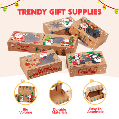 JOYIN 24PCS Christmas Cookie Boxes for Gift Giving, 8.75" x 5.75" x 2.75" Xmas Holiday Bakery Treat Boxes with Window, Kraft Cookie Tin Containers Box for Baked Goods, Cupcake, Pastry, Brownies, Candy