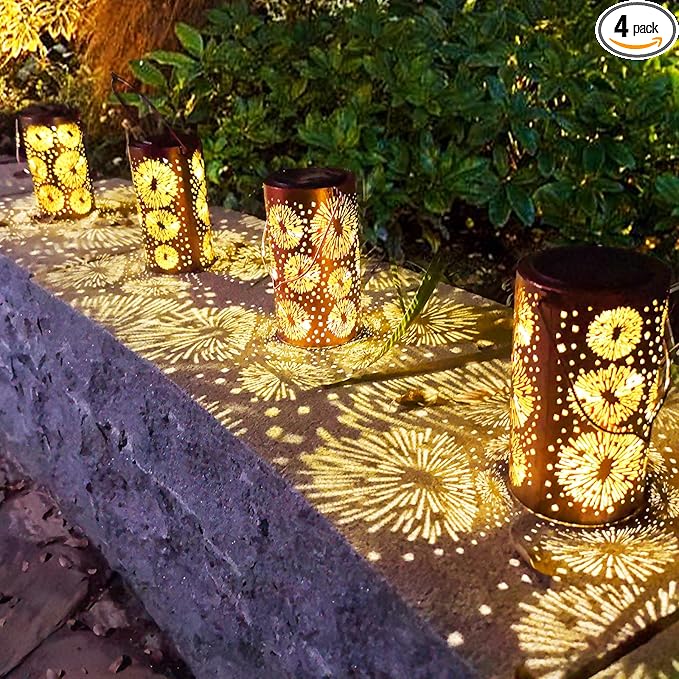 4 Pack Fireworks Birthday Gifts for Women Mom Grandma Solar Lanterns Outdoor Waterproof Garden Decor Metal Hanging LED Decorative Light for Patio Yard Lawn Backyard Front Porch Gardening Gifts