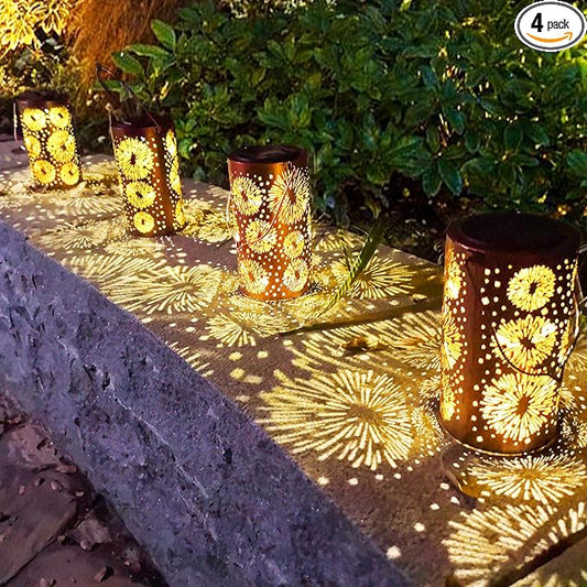 4 Pack Fireworks Birthday Gifts for Women Mom Grandma Solar Lanterns Outdoor Waterproof Garden Decor Metal Hanging LED Decorative Light for Patio Yard Lawn Backyard Front Porch Gardening Gifts