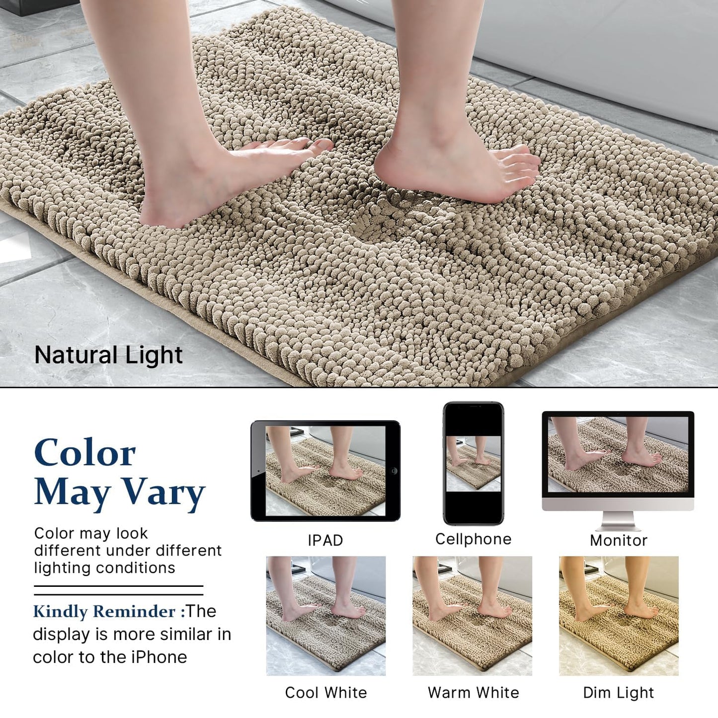 Yimobra Bathroom Rug Set 2 Piece, Soft Absorbent Chenille Bath Mat Set, Non Slip Machine Washable Quick Dry, Plush Shower Rugs for Bathroom Floor Sink Tub and Shower Outside, 32"x20"+24"x17", Camel