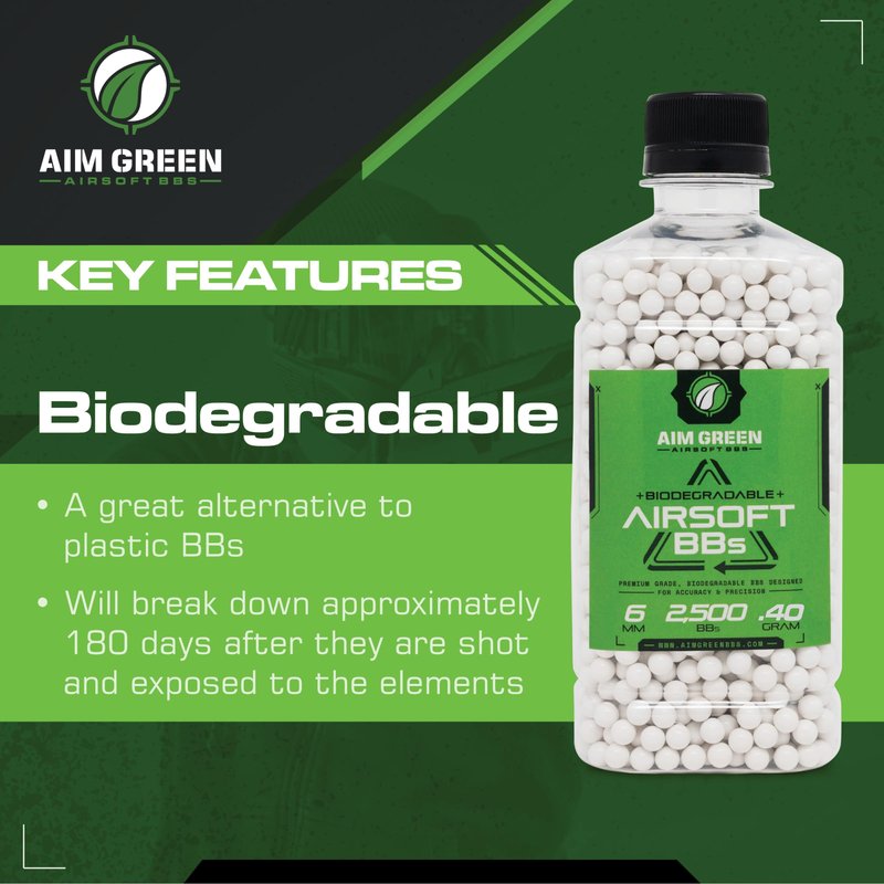 Aim Green Biodegradable Airsoft BBS, Premium-Grade 6mm Airsoft BBS, 40g, 2,500 Count