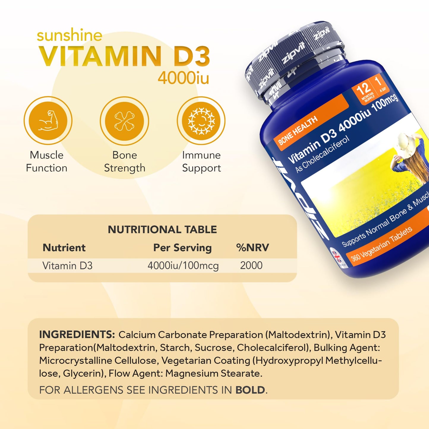 Zipvit Vitamin D3 4000 IU, 360 Maximum Strength Vitamin D Tablets, 12 Months Supply, Vegetarian, 1 a Day, VIT D3 As Cholecalciferol, Supports Bones Muscles, Immune System