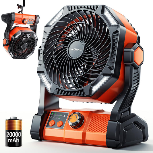 Camping LED Fan with Light, 40000m Rechargeable Battery Powered Outdoor Tent Fan with Light and Hook, 6 Speed, Personal USB Desk Fan for Camping, Fishing, Power Outage,Hurricane, Worksite