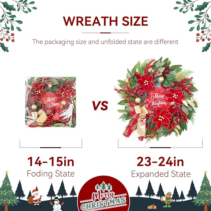 Christmas Wreath with Lights, 24 Inch Lighted Christmas Wreath for Front Door, Winter Wreath with LED Lights, red Berries, Pinecones, Gold Ball, Red Bow, Merry Christmas Sign for Indoor or Outdoor