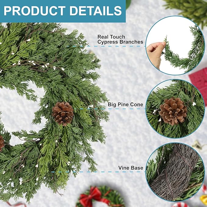 Artgar 24 Inch Christmas Cypress Wreath, Christmas Wreath for Front Door, Real Touch Pine Wreath Artificial Green Cedar Wreaths with Pine Cones for Wall Window Porch Indoor Outdoor Winter Decor