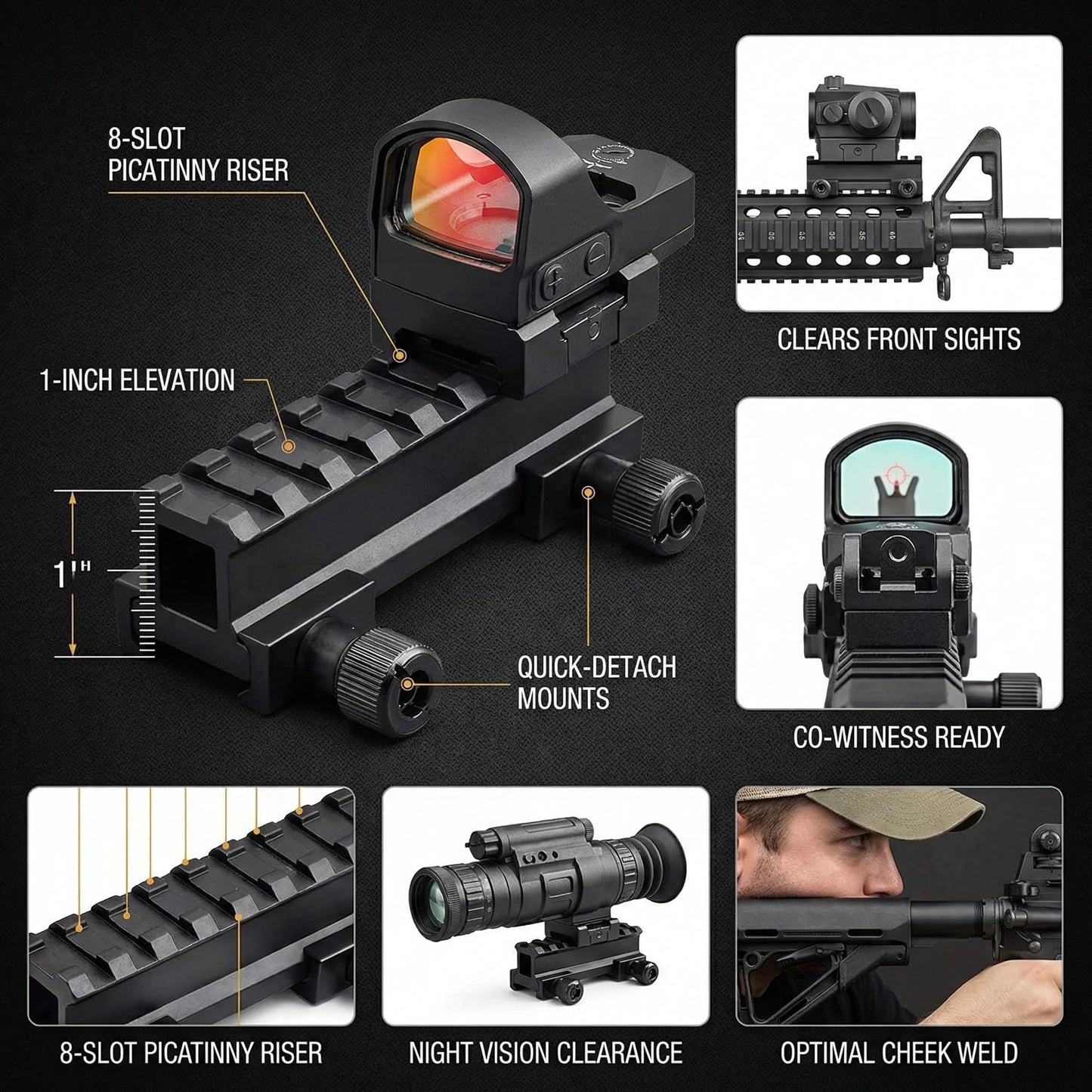 360 Tactical 1 inch High Profile Short Riser Mount Matte Black Picatinny 8 Slot for Scopes and Optics